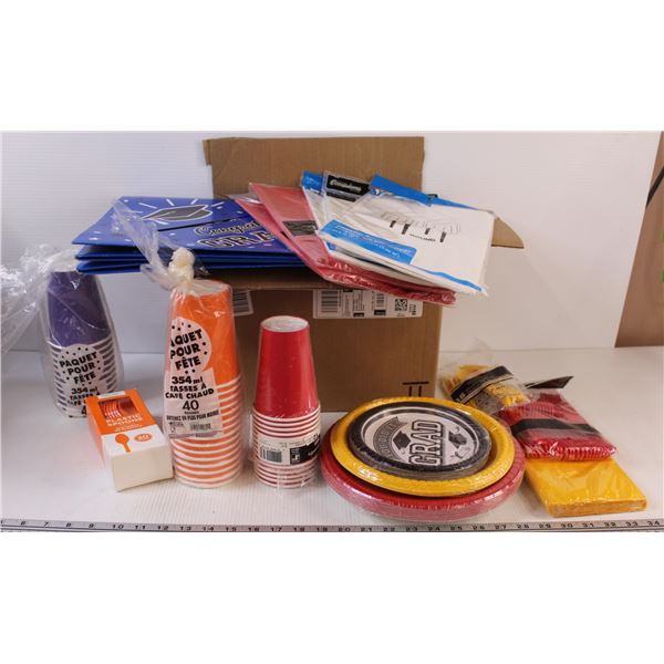 Box of Party Supplies: Tablecloths, Plates, Cups, Utensils, Misc.