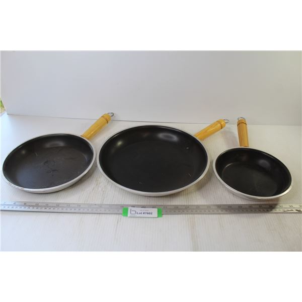 (3) Non Stick Frying Pans w/Wooden Handles (have scratches)