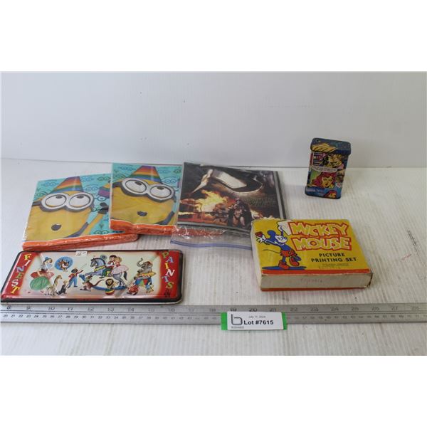 Vintage Mickey Mouse Picture Printing Set - Paper Napkins - Water Paint Set - Cartoon Tin