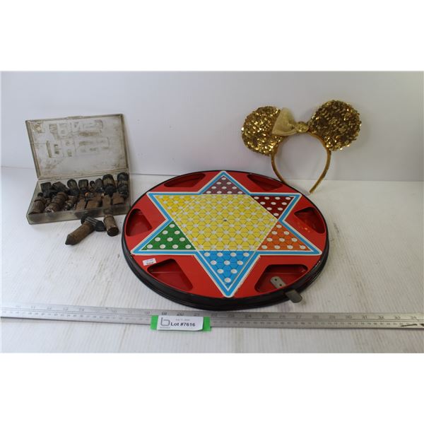 Home Made Carved Wooden Chess Set - Chinese Checkers & Checker Tin Game Board - Minnie Mouse 50 Anni
