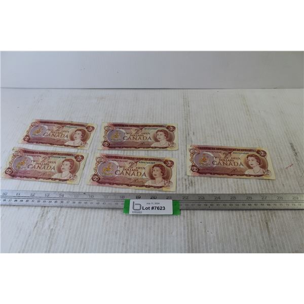 (5) Canadian 2 Dollar Bills (couple have damage)