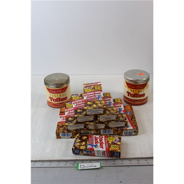 (11) Empty Cracker Jack Boxes, (2) Empty Gourmet Coffee Tins