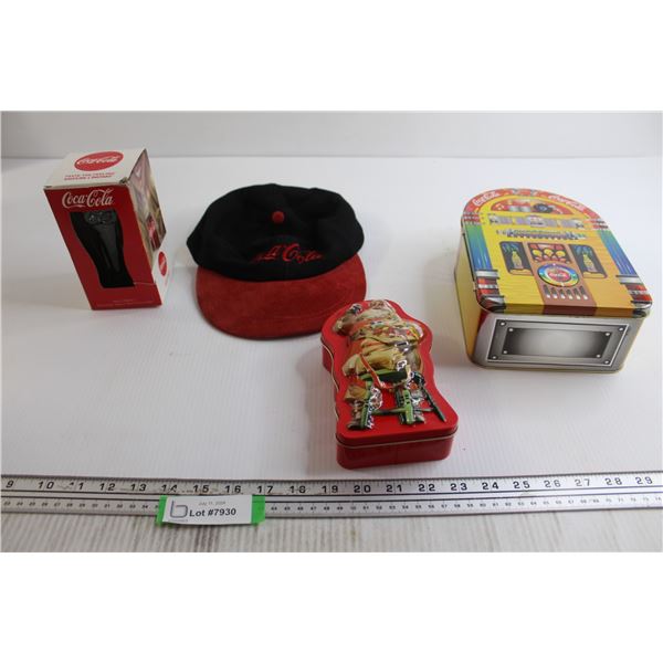 Coca-Cola Glass, Hat, and (2) Tins