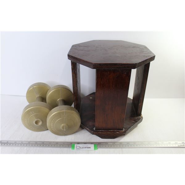 (2) 5 Lb. Dumbbells - Wooden Stand ( 11 3/4" x 11")
