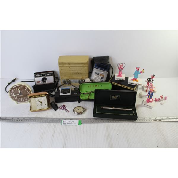 Juliette Radio (powers on) - West Clox Pocket Watch (not working) - Black Glass Jewelry Box - Cross 
