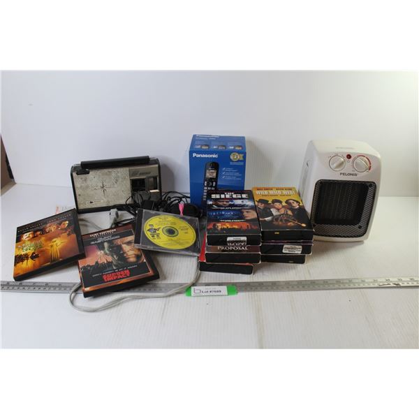 Panasonic Phone - Pelonis Heater (working) - Transistor Radio - (8) VHS Tapes - (2) DVD Tapes