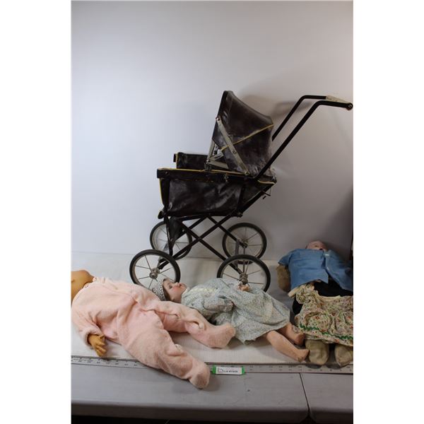 (3) Dolls & Old Doll Stroller