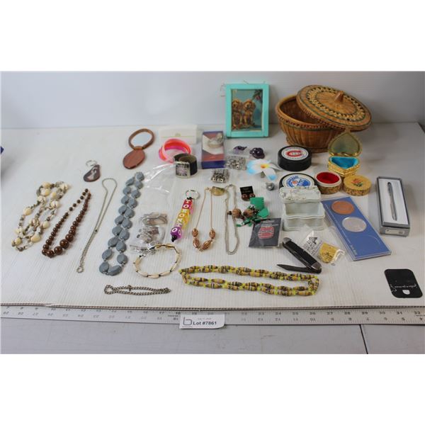 Assorted Jewelry, Pens, Trinket Boxes, (2) NHL Hockey Pucks, Misc.