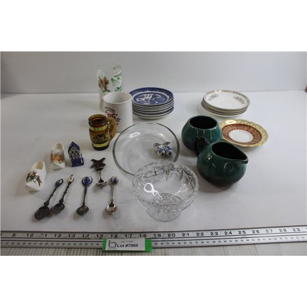 Blue Mountain Pottery Cream & Sugar, (5) Souvenir Spoons, Assorted Dishware