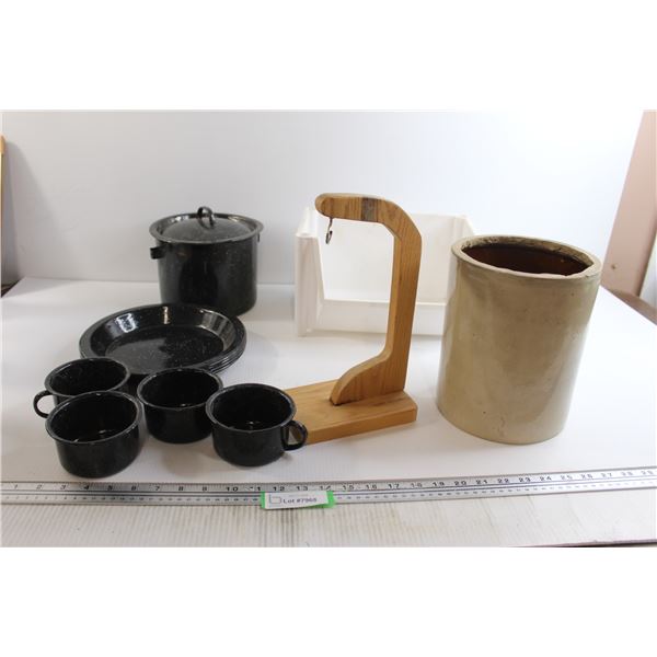 Crock, Banana Hanger, Enamelware Cups and Plates