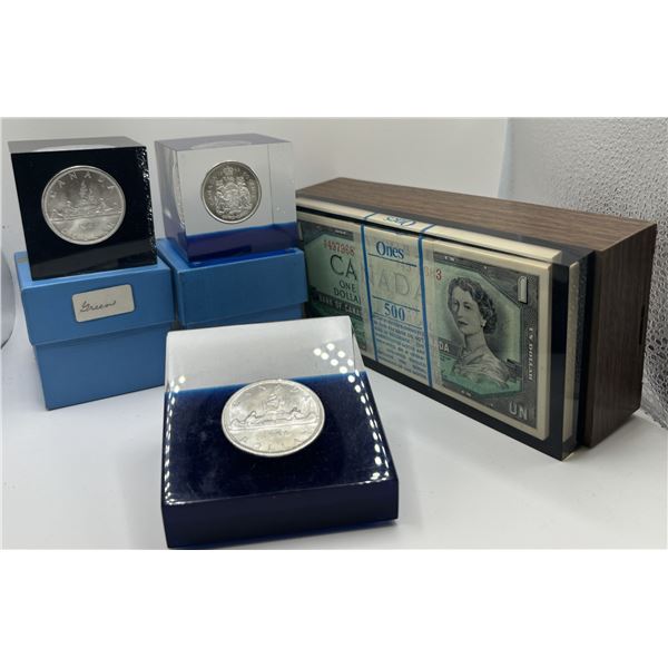 Nice lot of items in Lucite. Radio with paper money and canadian silver coins