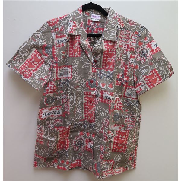 Love's-Themed Potpourri Red & Gray Aloha Shirt, Size Small