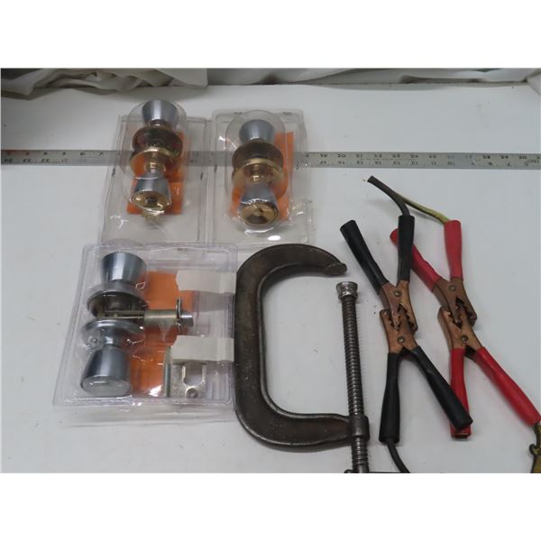 wiser door knobs with keys, clamp, booster cable ends