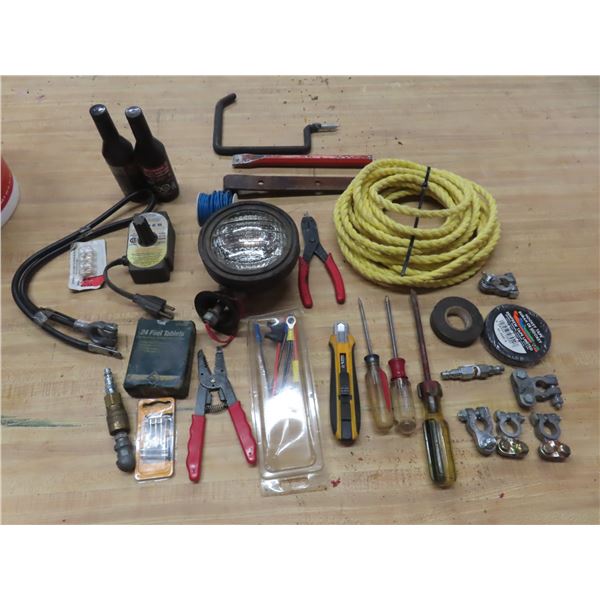 fuel tablets, magnetic block heater, battery connections, misc. tools