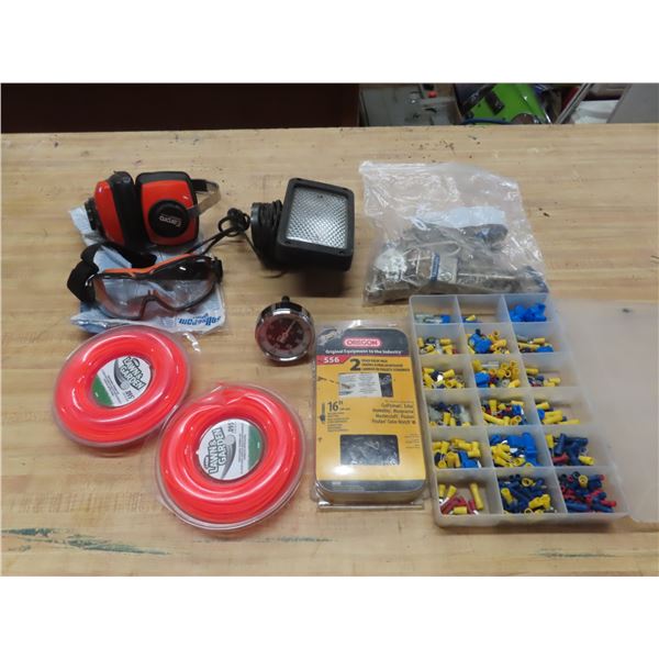 trimmer line, safety goggles, 12v light, master locks ,rpm gauge