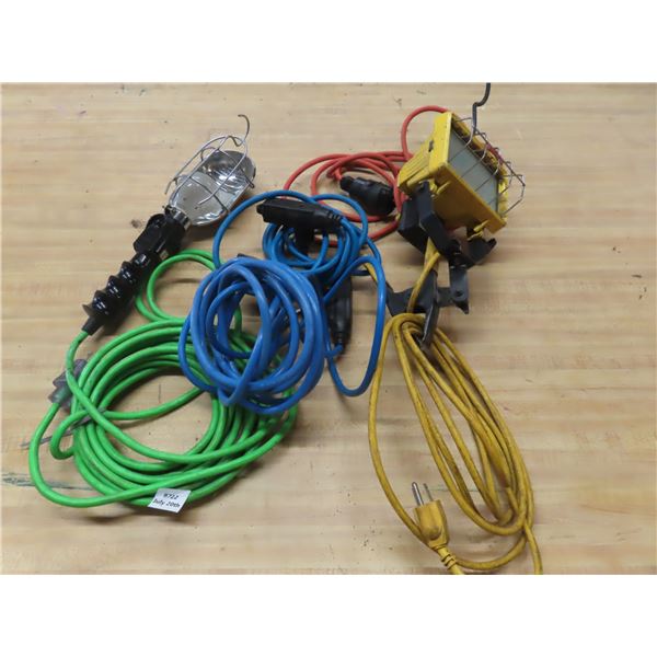 shop light, work light and 3 extension cords