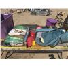Image 1 : tote of camping supplies - folding chair, tent, camp stove, air mattress