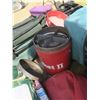 Image 5 : tote of camping supplies - folding chair, tent, camp stove, air mattress