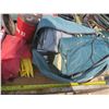 Image 6 : tote of camping supplies - folding chair, tent, camp stove, air mattress