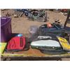 Image 1 : tote of camping supplies - folding chair, tent, camp stove, etc.