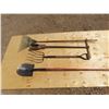 Image 1 : pitch fork, post hole auger, shovel, rake