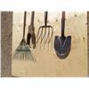 Image 2 : pitch fork, post hole auger, shovel, rake