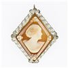 Vintage 14K White Gold Carved Shell Cameo Floral Filigree Lozenge Brooch Pendant