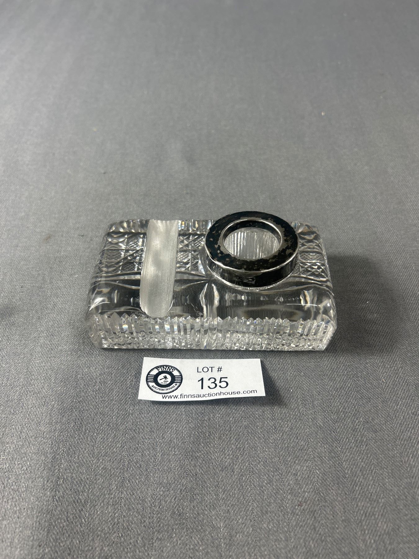 Block Inkwell Vintage Crystal Block Paperweight/Inkwell w/ Sterling Collar