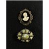 Image 1 : Antique Brooches - 1.5" Green Stones Brooch & 2"  Cameo Pendant Brooch