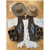 Image 3 : Indigenous Fashion Woven Poncho Vest Pair of Western Hats Size M Shoes 8