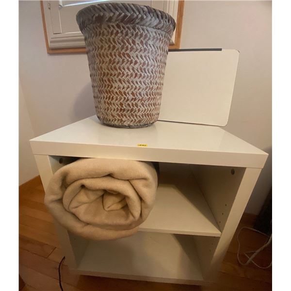 Retro White Two Shelved Side Table On Wheels w/Wicker Trash Basket & Wool Blanket