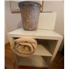 Image 1 : Retro White Two Shelved Side Table On Wheels w/Wicker Trash Basket & Wool Blanket