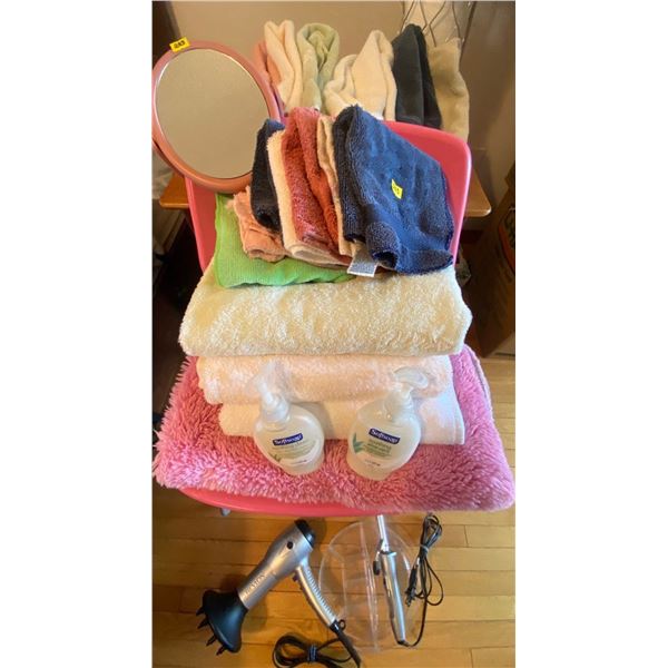 Assortment Of Towels, Facecloths, Hand Soap, Blow Dryer, Curling Iron & More!!
