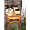 Image 1 : Trio of Stoneware Planters w/ Wood "Time Out " Childrens Seat & Pussy Willow LED Tree
