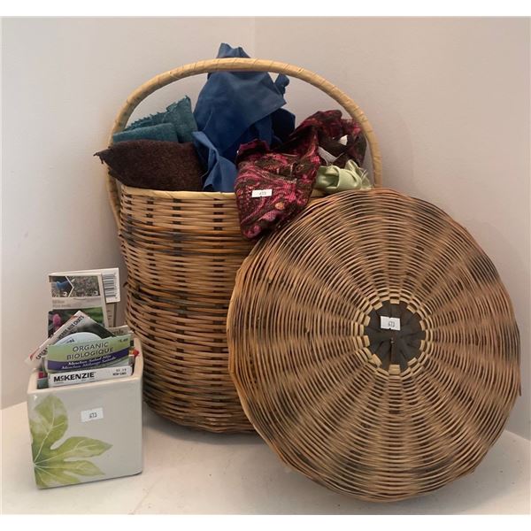 Beautiful Hand Woven Basket w/ Assorted Fabric Pieces & a Planter full of Seeds