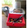 Image 1 : Qty 2 Plastic Bins & Bucket w/ Contents: Grease Gun, Tools, Bits, Gloves, etc