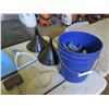Image 2 : Plastic Bin & Contents: Funnels, Brushes, Dust Pan, Hardware, etc