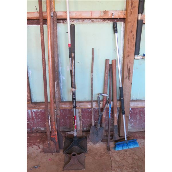 Multiple Misc Tools: Hoe, Shovel, Pry Bars, Broom, Axe, etc