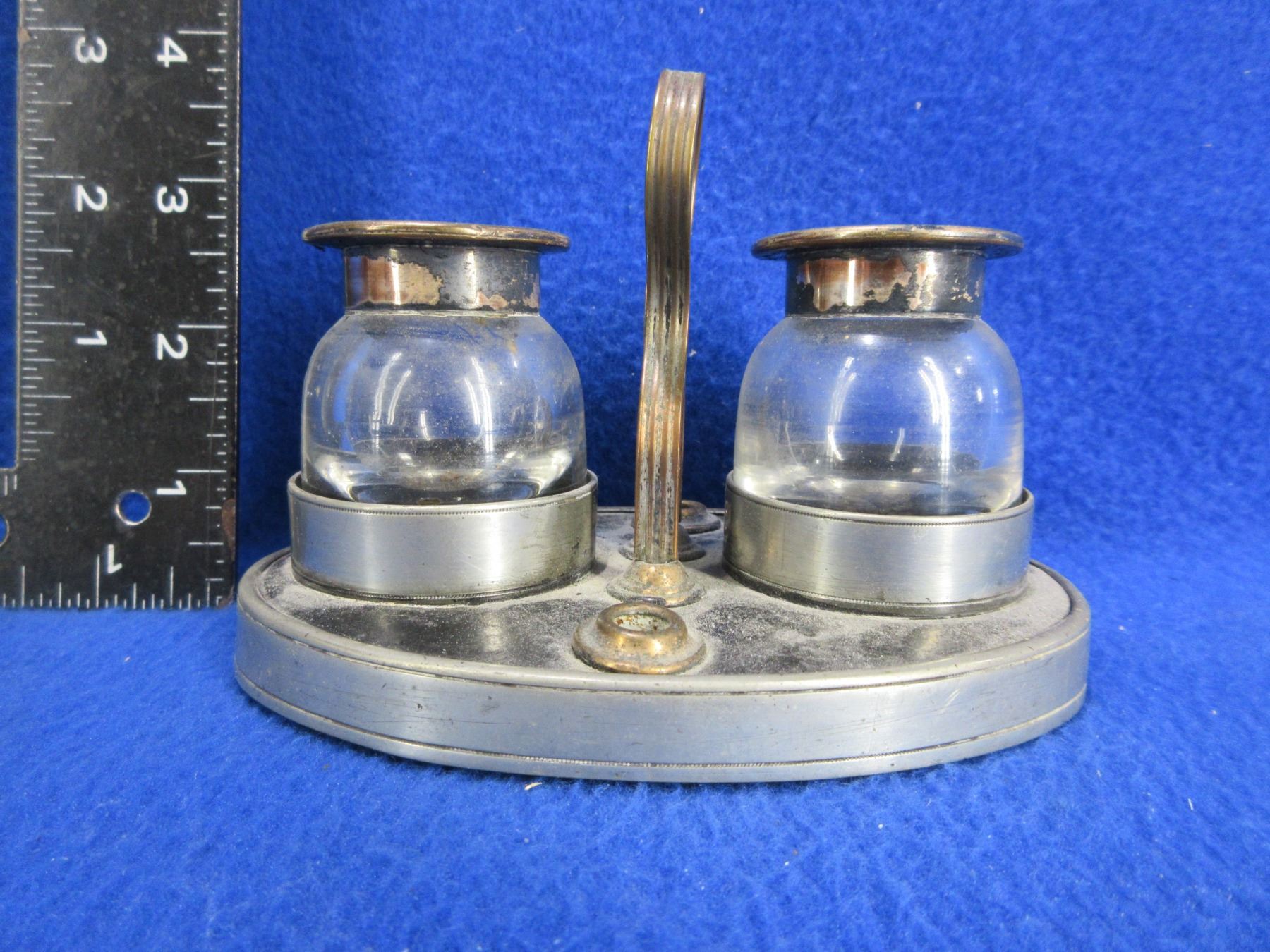 2 Glass Ink Wells with Caddy - no lids on ink wells