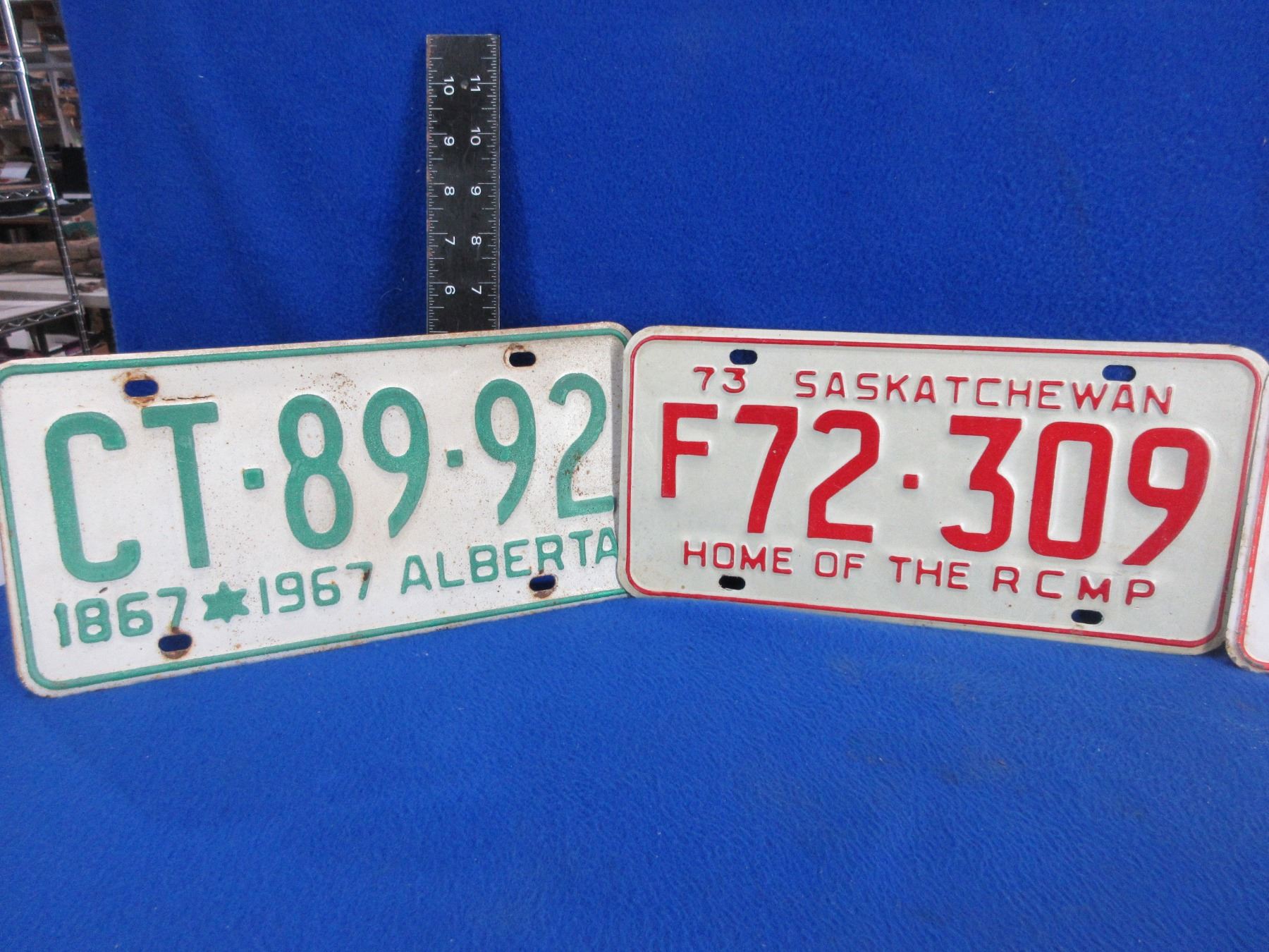 4 Vintage License Plates Alberta x 2, Sask. and B.C.