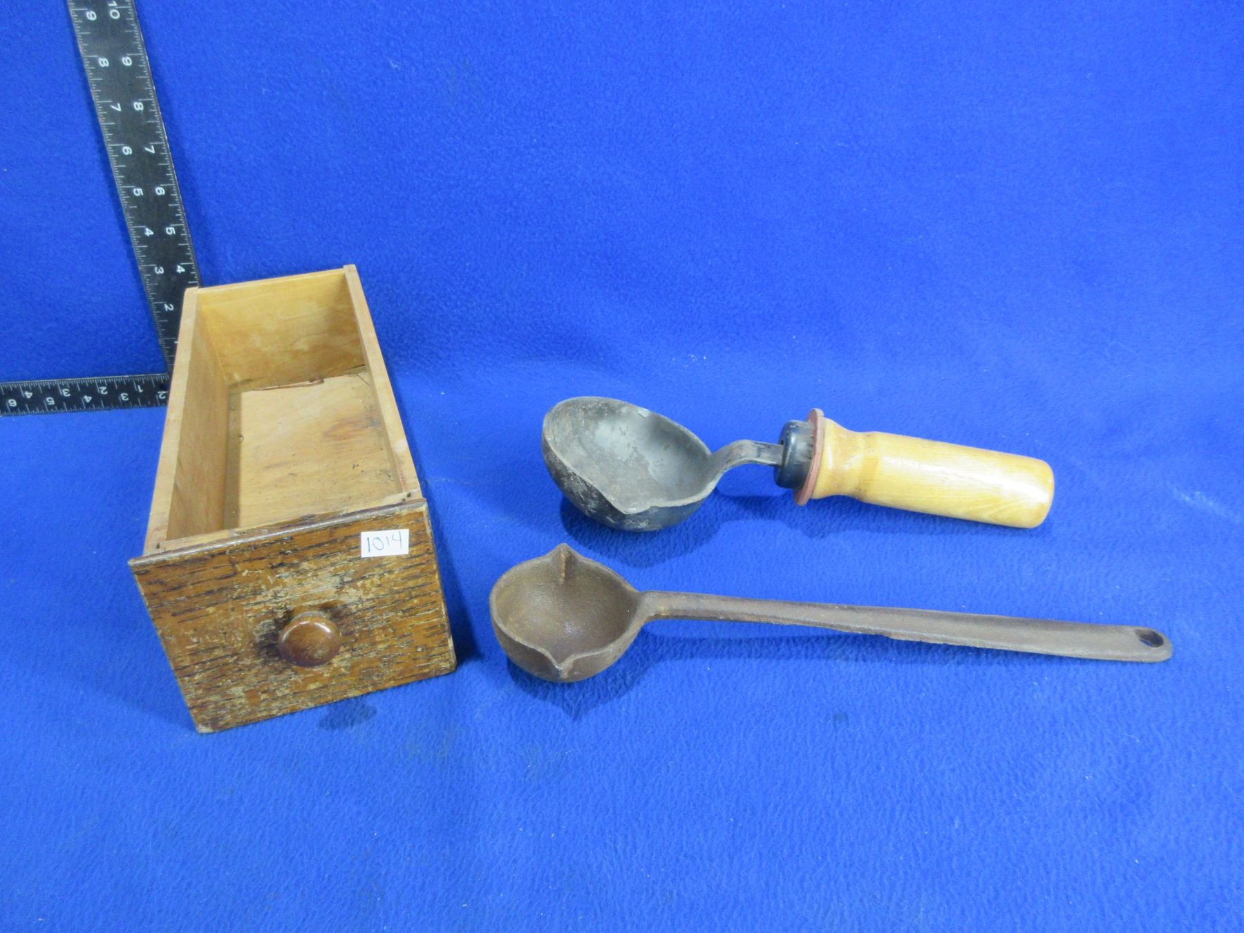 Vintage Cast Iron Ladle and Metal Ladle in Wood Drawer