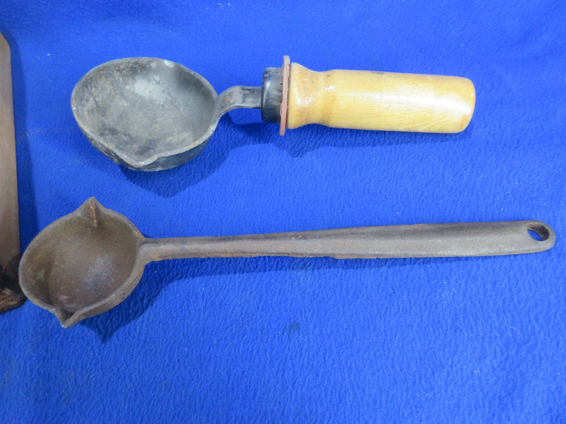 Vintage Cast Iron Ladle and Metal Ladle in Wood Drawer