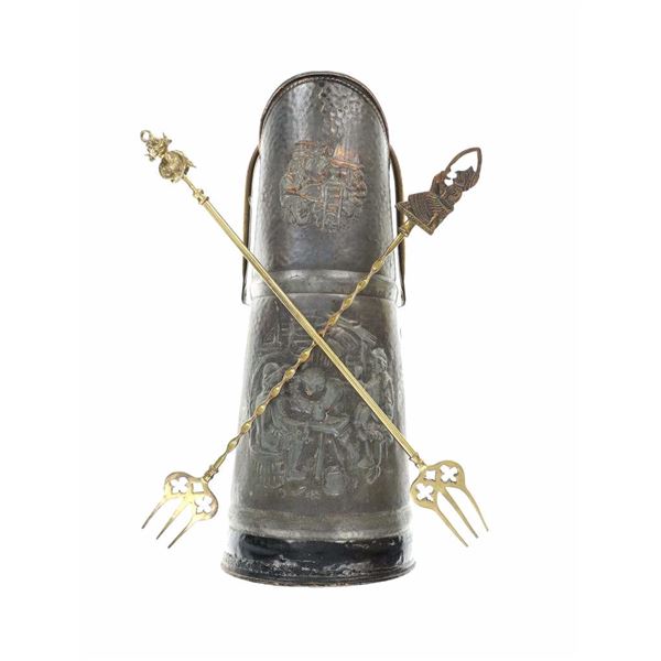 19th C. Hammered Brass Dutch Utensil & Coal Bin