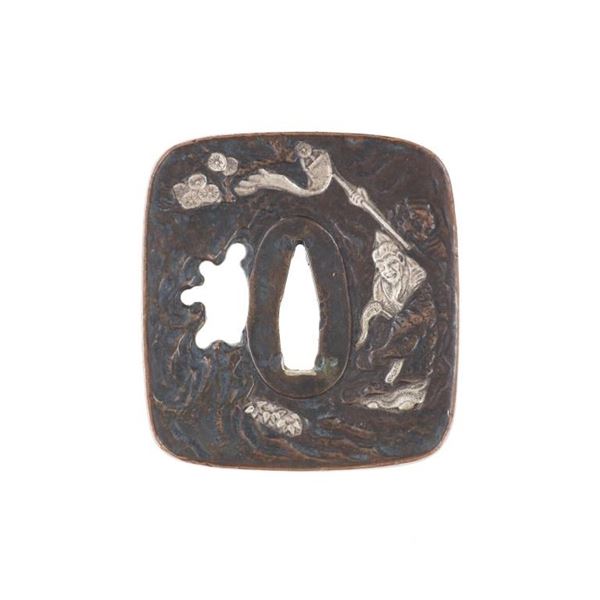 17-18th C Japanese Samurai Sword Brnz Silver Tsuba