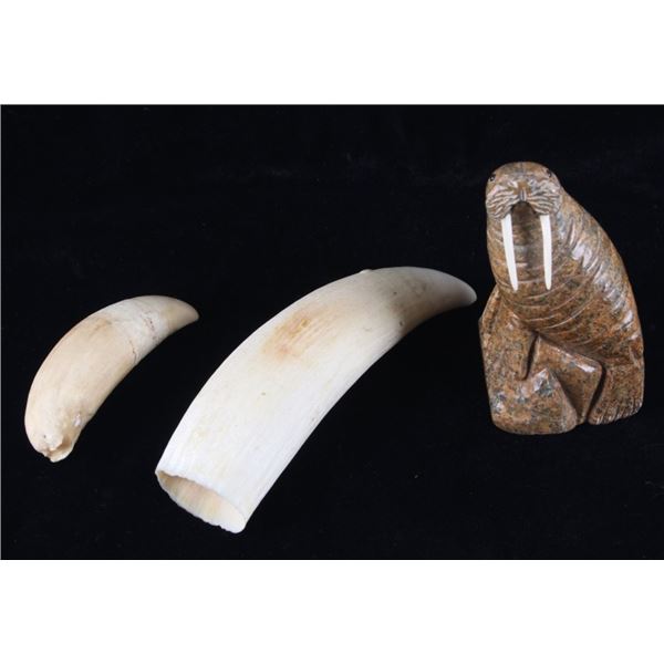Antique Sperm Whale teeth & Inuit Walrus Statue