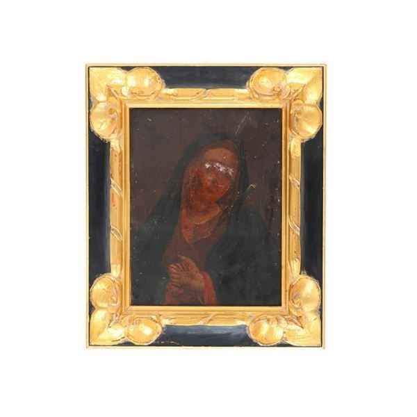 19th C. Folding Hands Madonna Oil on Tin Painting