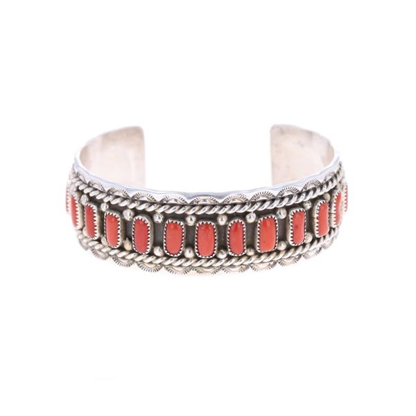 Navajo Sterling Silver & Red Branch Coral Bracelet