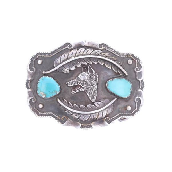 C. 1970's Navajo Wolf Sterling Turquoise Buckle