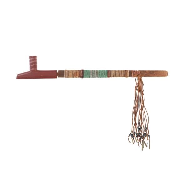 Plains Beaded Catlinite Pipe & Wood Stem 20th C
