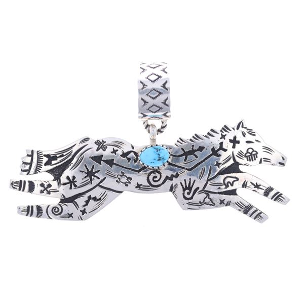 Navajo R. Singer Silver Turquoise Horse Pendant